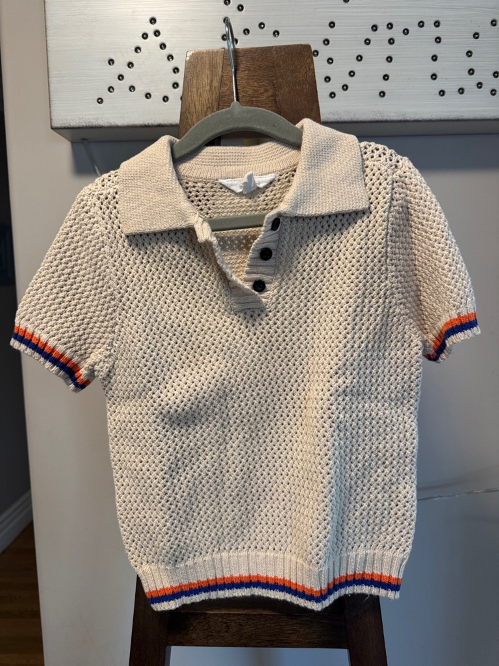 Boden Cream Knit Polo with Navy & Orange Stripe Trim - Kids